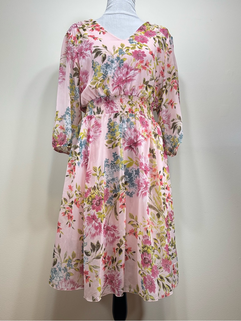 Kate & Lily Pink Floral Watercolor Chiffon Overlay Dress Sheer Sleeves Size 12 - Picture 6 of 11